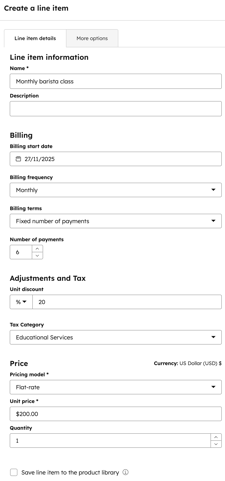 Custom line item editor in a subscription, including billing, tax, price, and quantity fields.