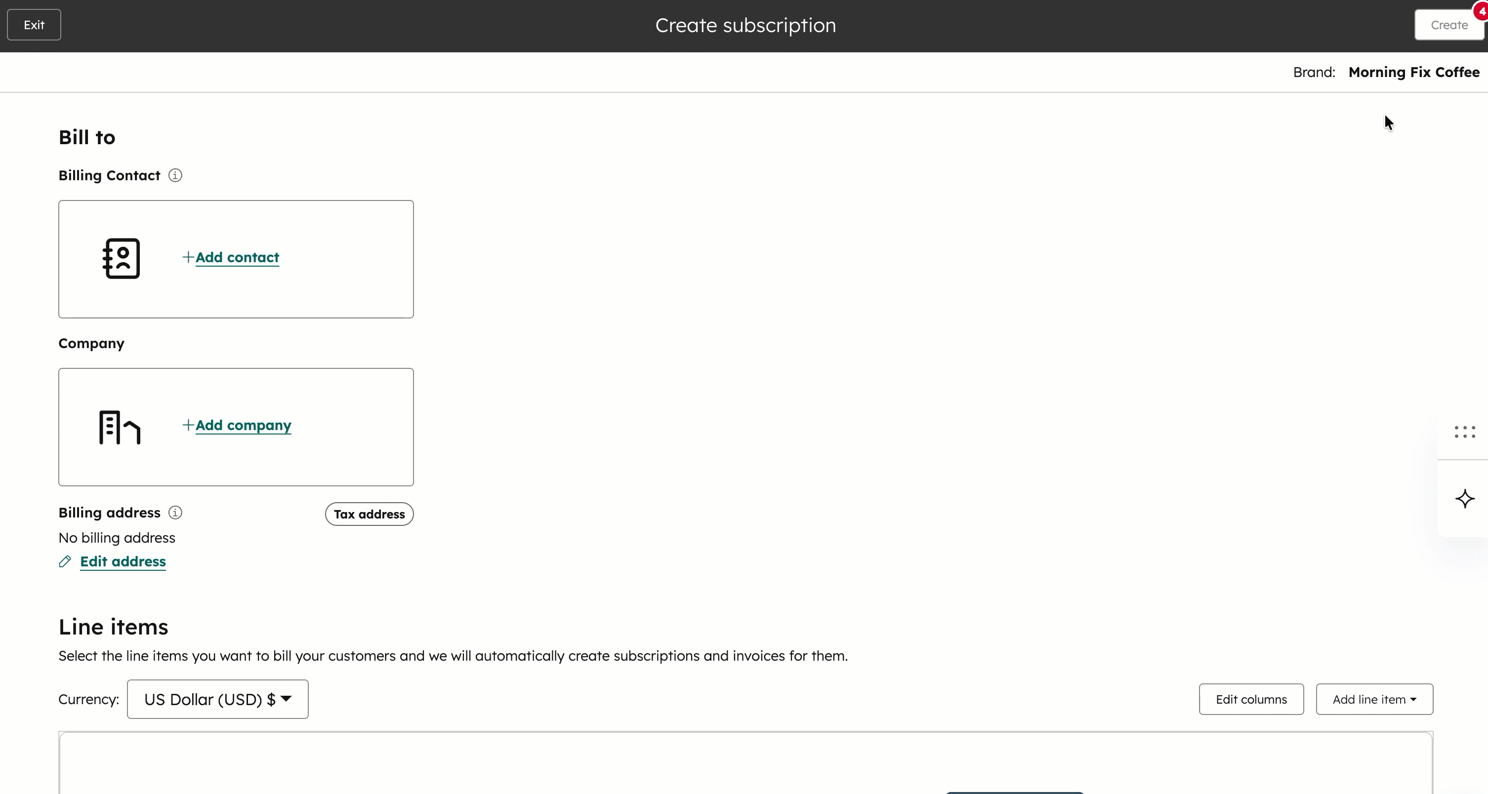 Subscriptions settings showing the Select brand dropdown menu in HubSpot
