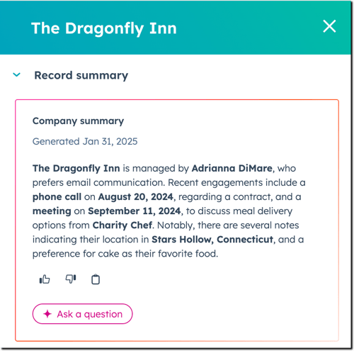  HubSpot company record summary for 'The Dragonfly Inn,' detailing its management by Adrianna DiMare, recent engagements including a phone call and a meeting, and its location in Stars Hollow, Connecticut