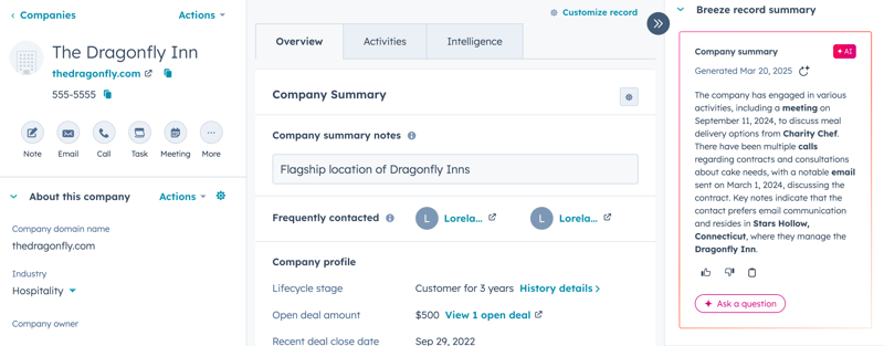 A screenshot showing the "Breeze record summary" for the company record "The Dragonfly Inn". The AI summary includes contact information, recent activities, and other AI-generated insights