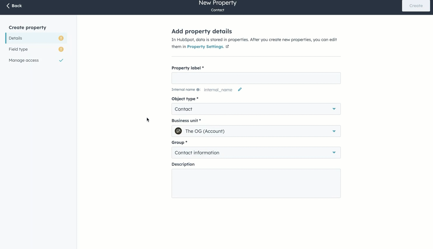 Imagen GIF que muestra un menú de creación de propiedades de HubSpot. El usuario está seleccionando una configuración para un tipo de campo de sincronización de propiedades