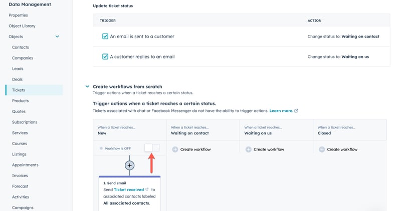 HubSpot ticket pipeline automation workflow setup: Triggered when a ticket reaches "New" status, action is to send an email. Orange arrow pointing to workflow on/off switch