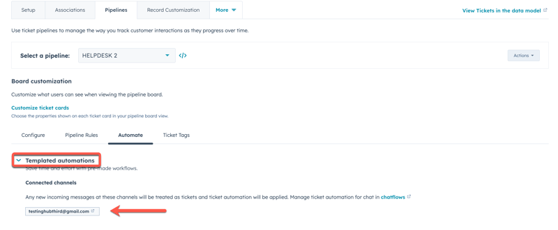 HubSpot interface for managing ticket pipeline automation, showing templated options and connected channels. templated automation section is highlighted with an orange border. an email address is highlighted with an orange arrow, indicating you can manage by clicking it.