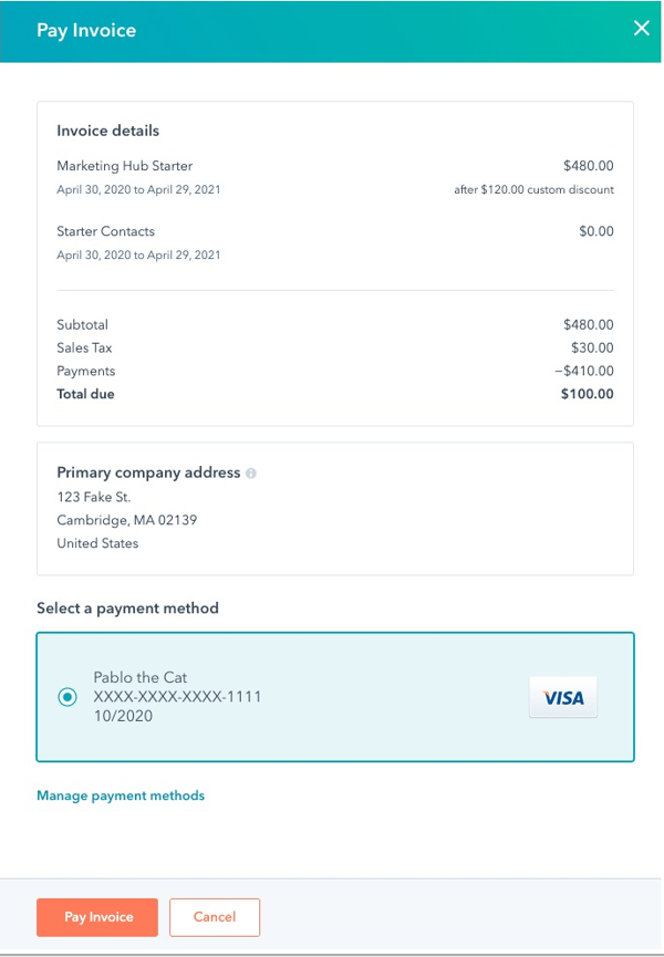 screenshot showing the Pay an invoice screen in HubSpot