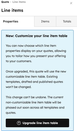 Screenshot of the "Line items" section with a notification about customizing line item tables in quotes and an "Upgrade line item table" button.