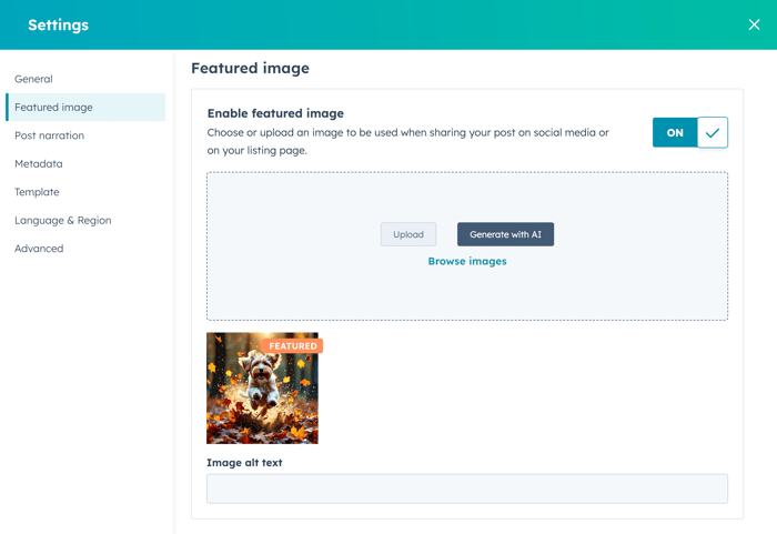 Settings dialog box with "Featured image" highlighted in the left-hand navigation. The main panel displays "Featured image" settings, including an "Enable featured image" toggle that is switched "ON." Below this, there's a dotted outline box indicating where an image can be uploaded, with "Upload" and "Generate with AI" buttons, and a "Browse images" link. Beneath this upload area, a "FEATURED" image of a small dog jumping through autumn leaves is displayed. Below the image is an empty text field labeled "Image alt text."
