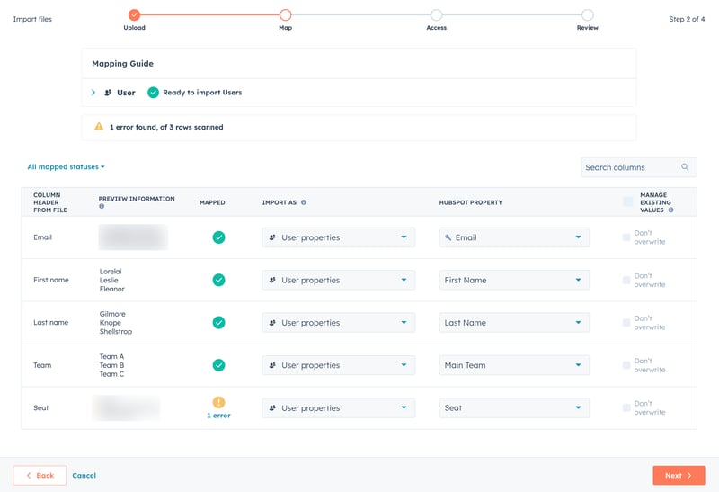 User import, showing the mapping guide during the import process.