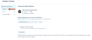 screenshot showing how to access domains in the HubSpot WordPres plugin settings