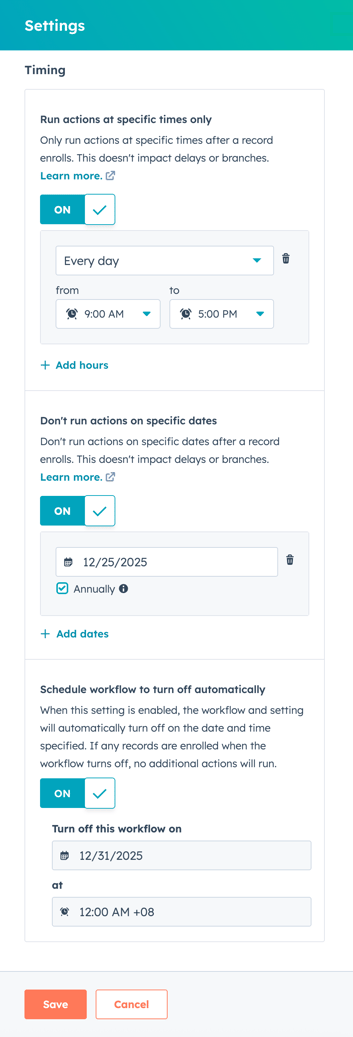workflow timing settings