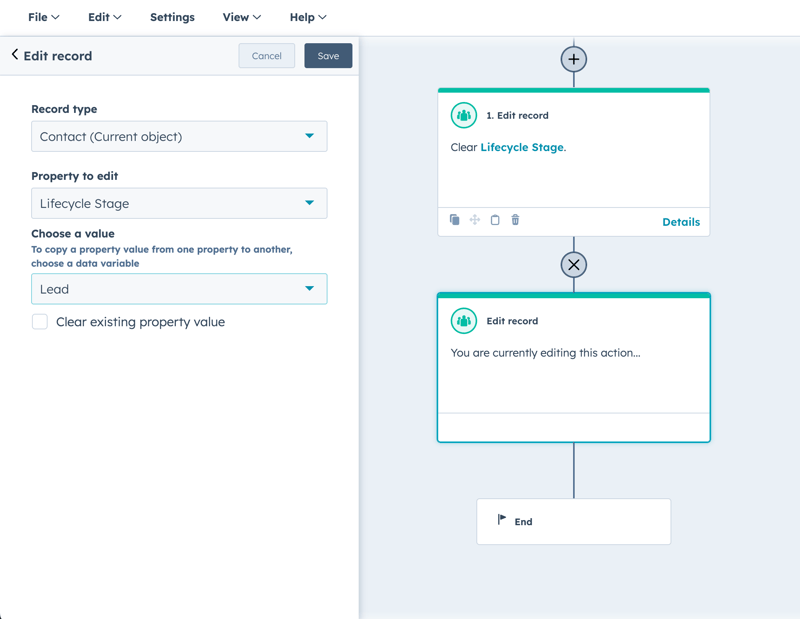 A HubSpot workflow editor showing an 'Edit record' action. The action is configured to clear the 'Lifecycle Stage' property for a 'Contact' and set its value to 'Lead'. A second action is above it to clear the Lifecycle Stage first.