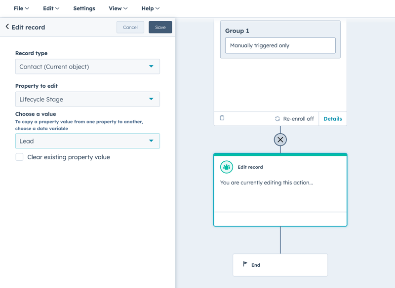 A HubSpot workflow editor showing an 'Edit record' action. The action is configured to clear the 'Lifecycle Stage' property for a 'Contact' and set its value to 'Lead'.