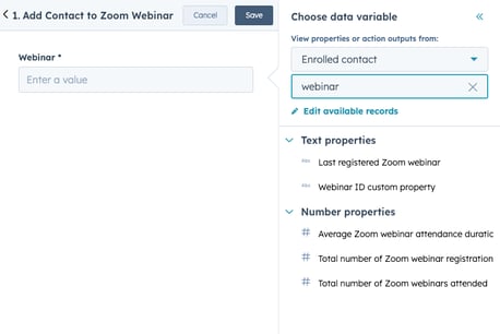 screenshot showing how to add a contact property to the Webinar ID field in the Add Contact to Zoom webinar workflow action.