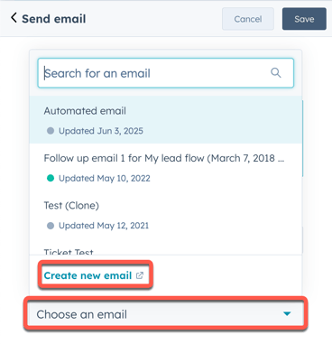 Screenshot of the workflows tool. In the left panel, the Automated email dropdown menu and Create new email option within it are highlighted.