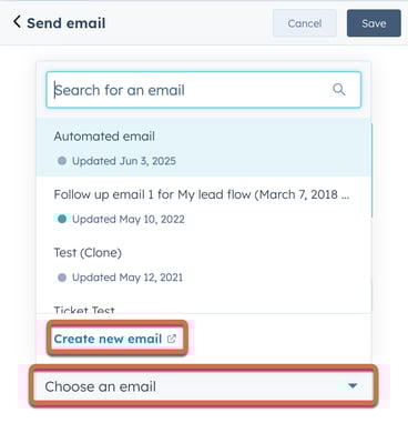 Screenshot of the workflows tool. In the left panel, the Automated email dropdown menu and Create new email option within it are highlighted.