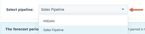 Deal pipeline dropdown menu with Sales pipeline displayed