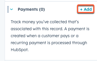 The Payments card on a contact record, with an 'Add' button to associate an existing payment.
