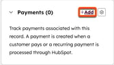 The Payments card on a contact record, with an 'Add' button to associate an existing payment.