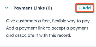The 'Add card' option in the record customization settings, showing the 'Payment Links' card available to be added.