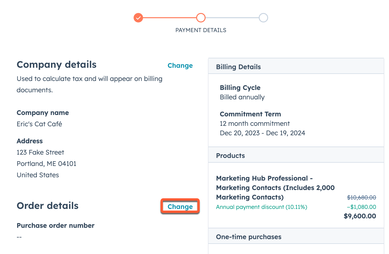 screenshot showing where to add a PO number on the checkout screen in HubSpot