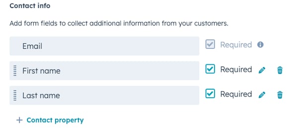 Form fields for contact information on the payment link checkout page, with options to edit, require, or reorder fields.