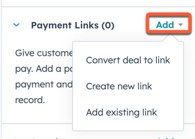 The Payment Links card on a deal record, with an 'Add' button to create or add a payment link.