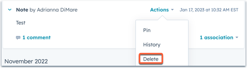 an actions menu is open. The delete option is highlighted with an orange box.
