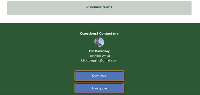Published quote page in HubSpot showing options to 'Download PDF' or 'Print' the quote in the top right corner.