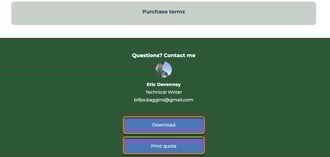 Published quote page in HubSpot showing options to 'Download PDF' or 'Print' the quote in the top right corner.