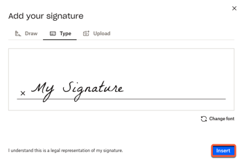 The Draw, Type, and Upload tabs for adding a signature.