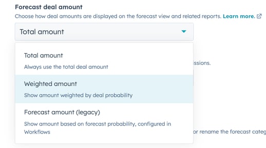 forecast-deal-amount options. total amount, weighted amount, and forecast amount(legacy) are shown.