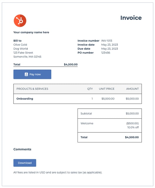 Screenshot of a full invoice with sections for company information, recipient, line items, and total amount.