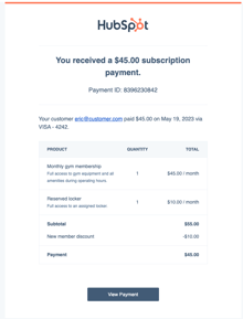 Merchant receipt for initial subscription payment, showing transaction details and status.