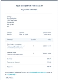 Buyer receipt for initial subscription payment, showing payment amount and details.