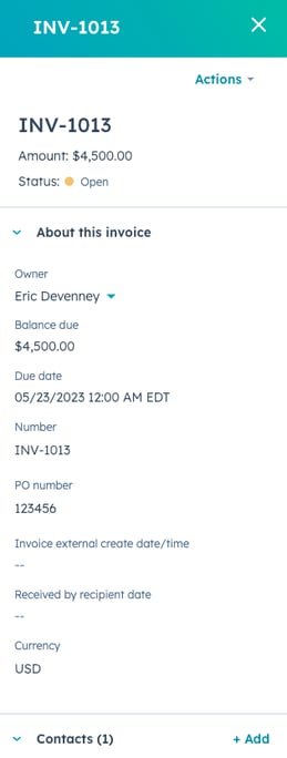 Screenshot of the invoice sidebar showing options for editing, sending, and managing the invoice.