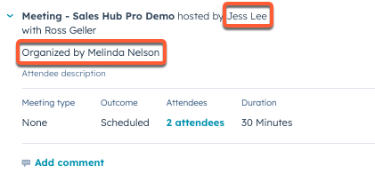 Meeting details on a record's timeline showing the organizer and host.
