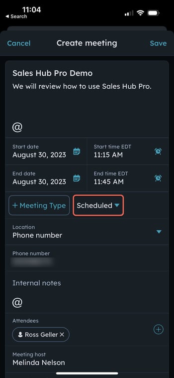 Assigning a meeting outcome in the HubSpot mobile app, showing a list of outcome options.
