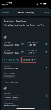 Assigning a meeting outcome in the HubSpot mobile app, showing a list of outcome options.