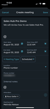 Scheduling a meeting on the HubSpot mobile app, showing fields for title, description, and time.