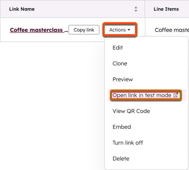 A screenshot showing the 'Open link in test mode' option in the actions menu.