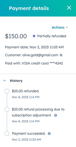 HubSpot payment record 'History' section detailing a prorated charge or refund transaction.