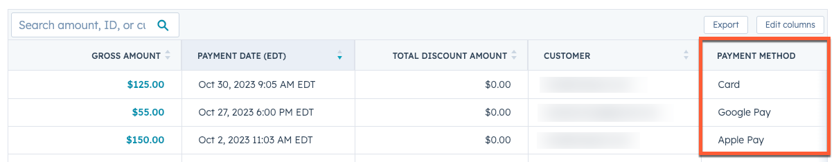 A screenshot of the HubSpot platform, highlighting the Payment Method column on the Payments index page.