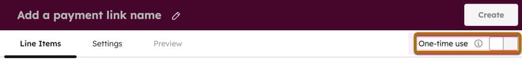 The 'One-time use' toggle switch in the payment link editor, shown in the off position.
