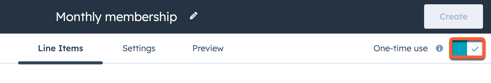 The 'One-time use' toggle switch in the payment link editor, which is on by default when creating a link from a CRM record.