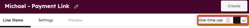 The 'One-time use' toggle switch in the payment link editor, which is on by default when creating a link from a CRM record.