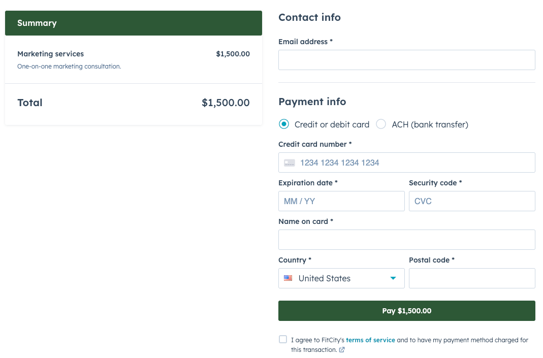 A simple checkout page for a payment link, showing the product, total cost, and fields for payment information.