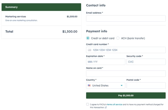 A simple checkout page for a payment link, showing the product, total cost, and fields for payment information.