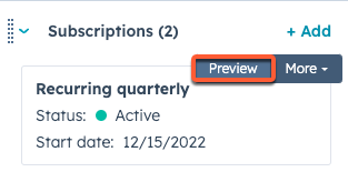 Screenshot of the HubSpot contact record preview, highlighting the subscription preview option.