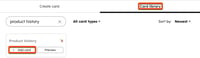 Adding the Product history card from the right-hand panel under the Product library tab.
