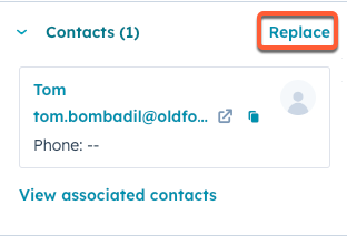 HubSpot subscription panel showing 'Replace' button in Contacts section to change associated contact.