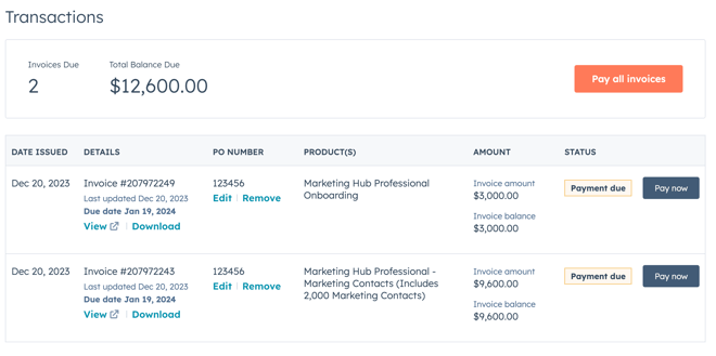 screenshot showing invoices under the Transactions tab in HubSpot